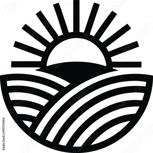 Circular Agricultural Landscape with Sunrise Silhouette