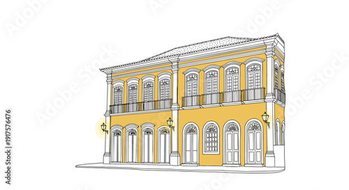 Historic yellow building with columns and arched windows on white background