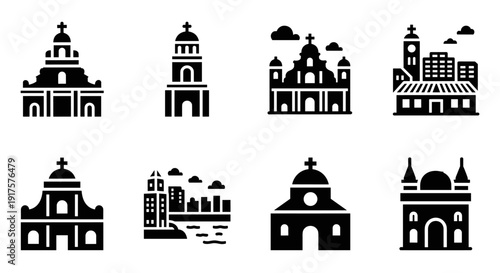 Set of black silhouette church and building icons in simple design