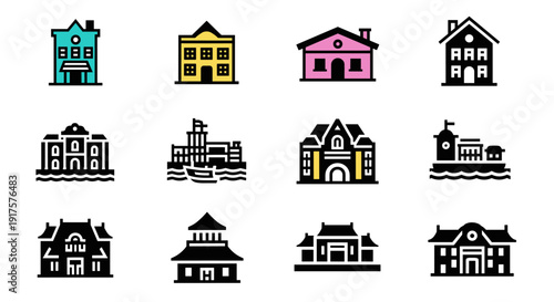 Colorful urban and classic building icons set in flat style with varied architectural designs