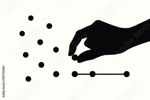 Hand aligning scattered dots into a straight line, symbolizing strategy and clear direction in a minimalist black vector.