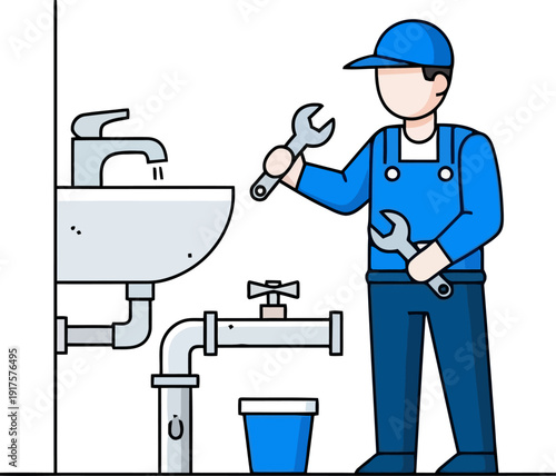 Professional plumber in blue uniform holding a wrench near a sink