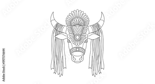 Intricate bull head with tribal headdress for coloring and art projects