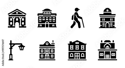 Silhouette icons of buildings and pedestrian for urban design