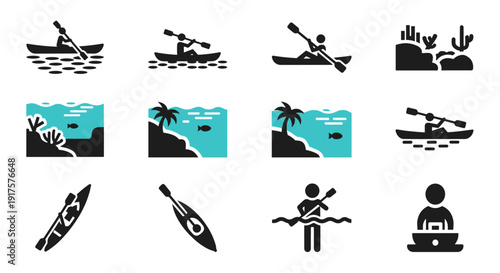 Kayak adventure icons set featuring coastal and desert themes in flat silhouette style