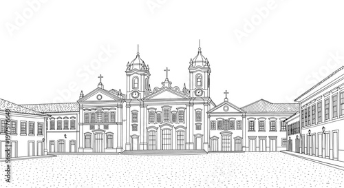 Historic baroque architecture in linear drawing of são francisco church