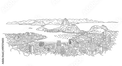 Detailed outline of rio de janeiro cityscape with mountains and ocean in background