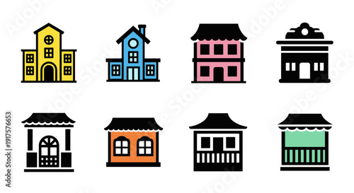Colorful and minimalist icon set of various building facades