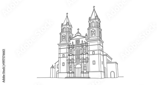 Detailed linear drawing of a historic cathedral with twin towers