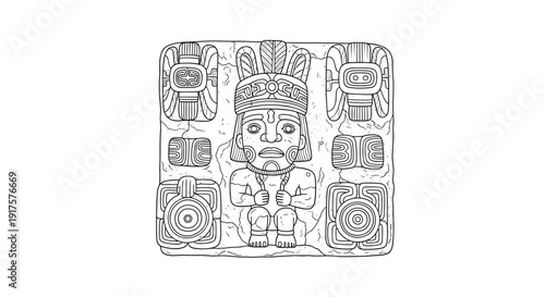 Detailed ancient stone carving with geometric patterns featuring indigenous figure