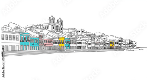 Historic cityscape with colorful colonial architecture in linear style