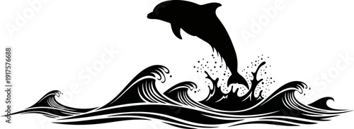 Silhouette of a dolphin leaping out of ocean waves with water splashes