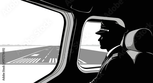 Silhouette of a flight captain looking at the airport runway from the cockpit
