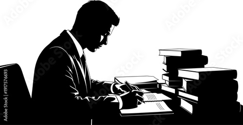 Silhouette of a focused businessman writing notes at a desk with stacked books