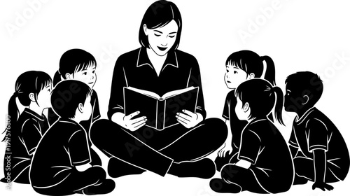 Silhouette of a preschool teacher reading a storybook to children