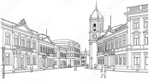 Historic urban scene featuring architectural landmarks in linear cityscape design