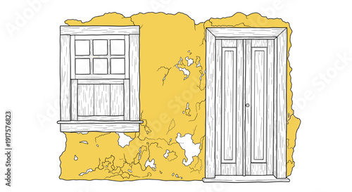 Rustic weathered wall with window and door in sketch style