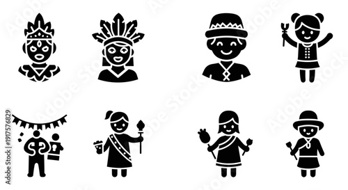 Cultural silhouette icons of diverse festive characters with traditional attire