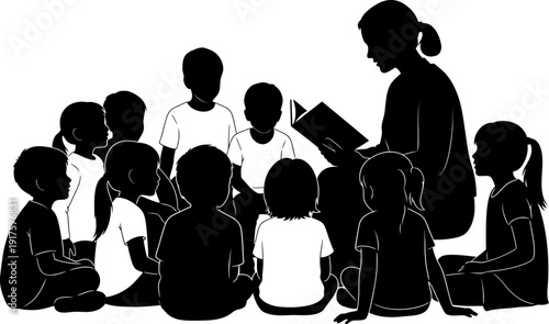 Silhouette of a teacher reading to children