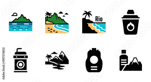 Nature and beverage icon set with beach and mountain themes