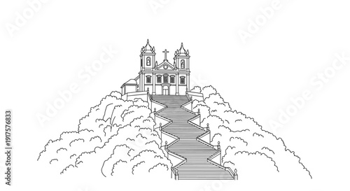 Baroque church on hill with staircase surrounded by greenery in linear design