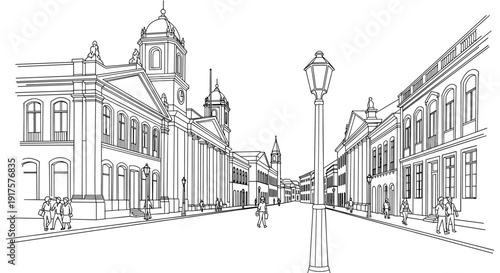 Historic cityscape with classic architecture in linear art style