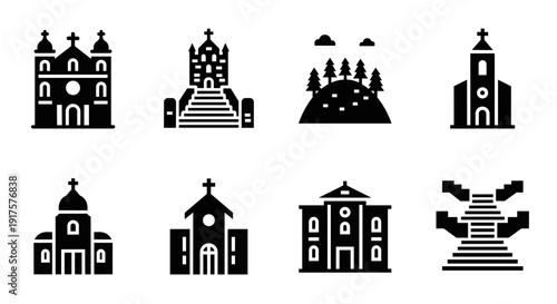 Silhouette icons of churches and temples with classic and modern architectural designs