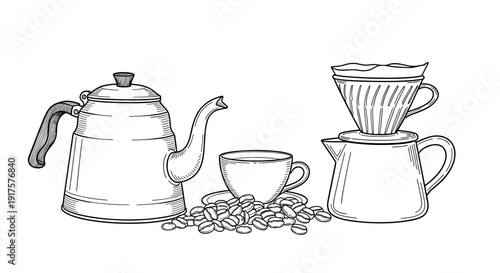Hand drawn coffee brewing set with kettle, cup, beans, and pour over filter
