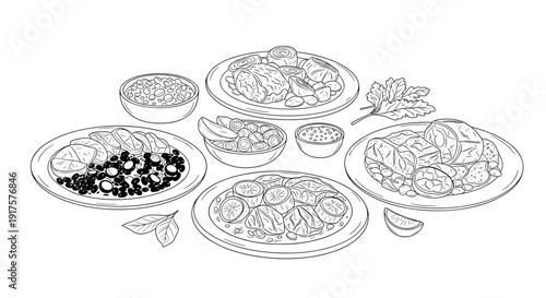 Monochrome outline of diverse middle eastern dishes and ingredients