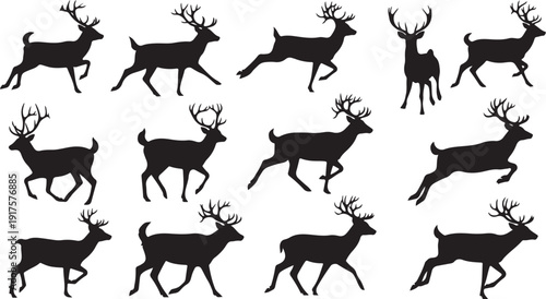 Black silhouettes of deer running on white background vector