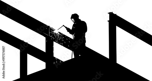 Silhouette of an industrial welder working on a steel structure
