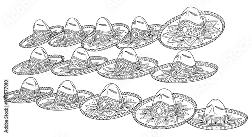 Intricate line art of mexican sombrero pattern with detailed design