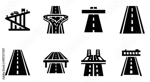 Minimalist highway icons set featuring roads and bridges designs