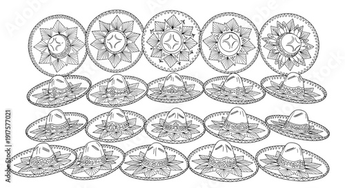 Intricate mexican sombreros and mandalas line art pattern for coloring