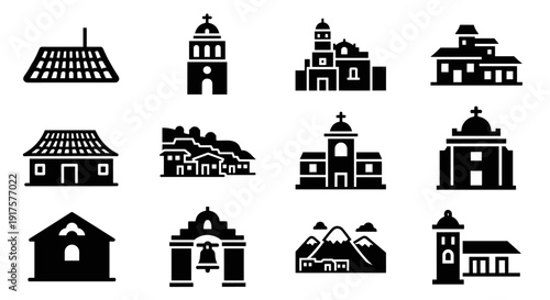 Collection of traditional mission style building icons in black silhouette