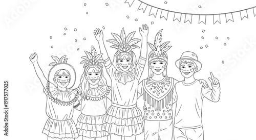 Joyful carnival celebration with children in festive costumes and hats