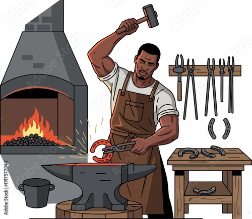 Skilled blacksmith forging a red hot horseshoe on an anvil in a workshop