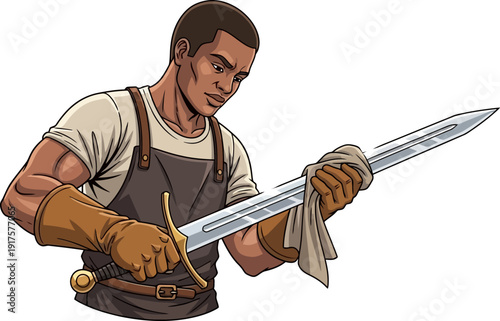 Skilled blacksmith polishing a medieval sword with a cloth