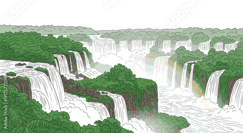 Serene landscape of cascading waterfalls with lush greenery and misty atmosphere
