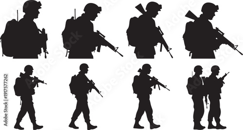 Silhouettes of soldiers with guns in various positions and stances
