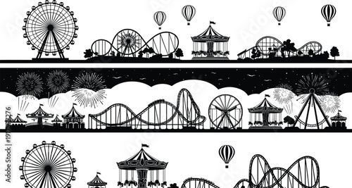 Carnival, Silhouette, Vector, Fair, Amusement, Carousel, Rollercoaster, Festival, Entertainment, Park, Skyline, Celebration, Leisure, Attraction, Recreation