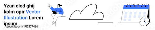 Cloud computing, remote work, time management, digital organization, scheduling, data storage. A person working on a laptop, a cloud icon and a calendar with a clock. Remote work and time management