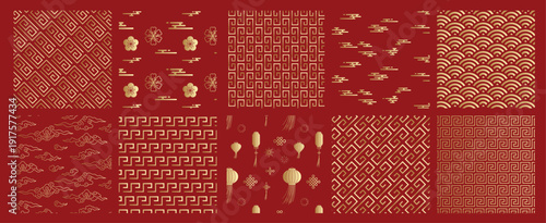 Chinese pattern set, red Asian background, gold wallpaper