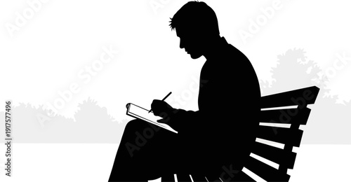 Writer sitting on park bench silhouette with notebook