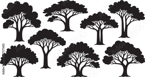 Collection of black tree silhouettes on white background illustration