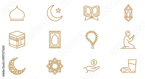 Collection of icons representing islamic symbols and objects of faith Vector