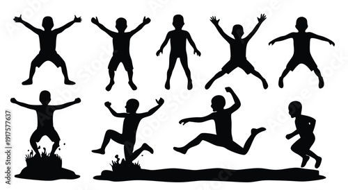 boy jumps into the water silhouettes set isolated flat
