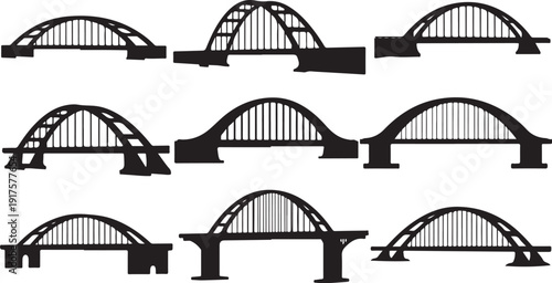 Collection of various bridge silhouettes in black and white