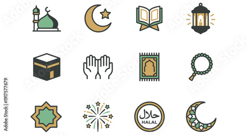 Icon set representing various symbols of islamic culture and spirituality Vector