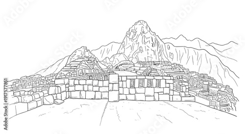 Linear drawing of machu picchu with mountain landscape in background